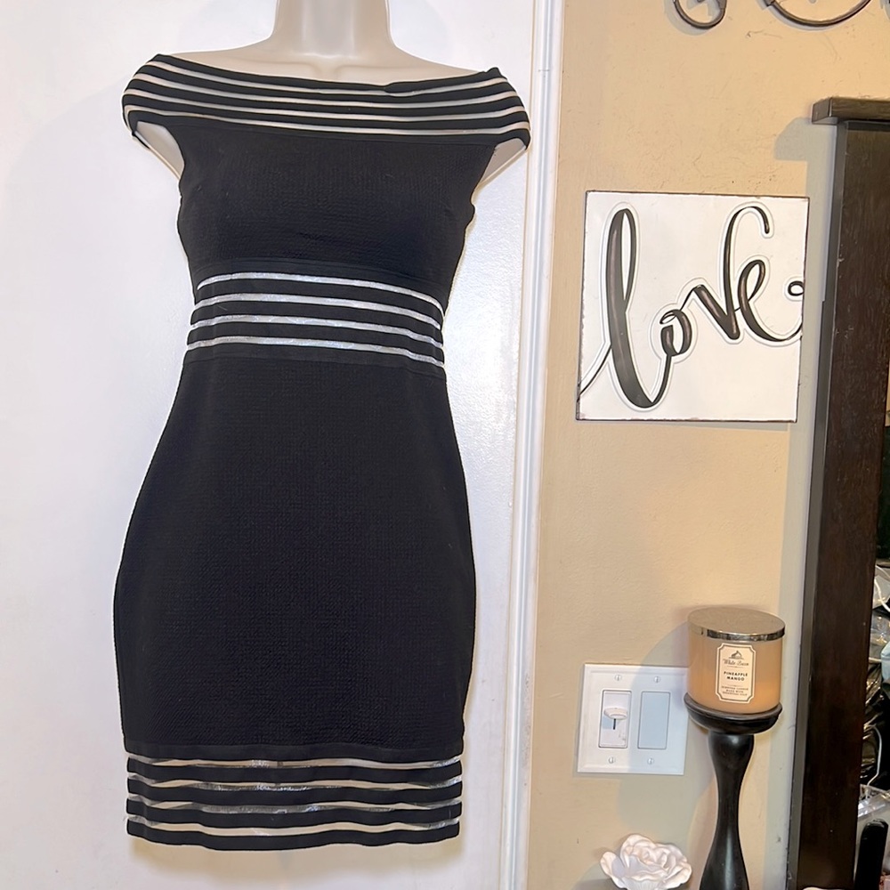 SARAH LA Women’s Black Mini Dress With Peek A Boo Stripes Back Zip Closure